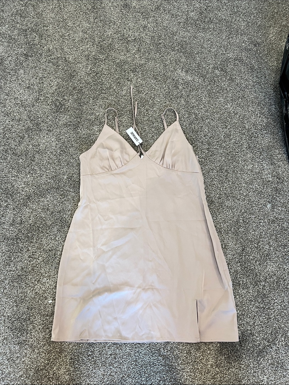 Garage Nude-Tone Slip Dress with V-Neck and Side Slit